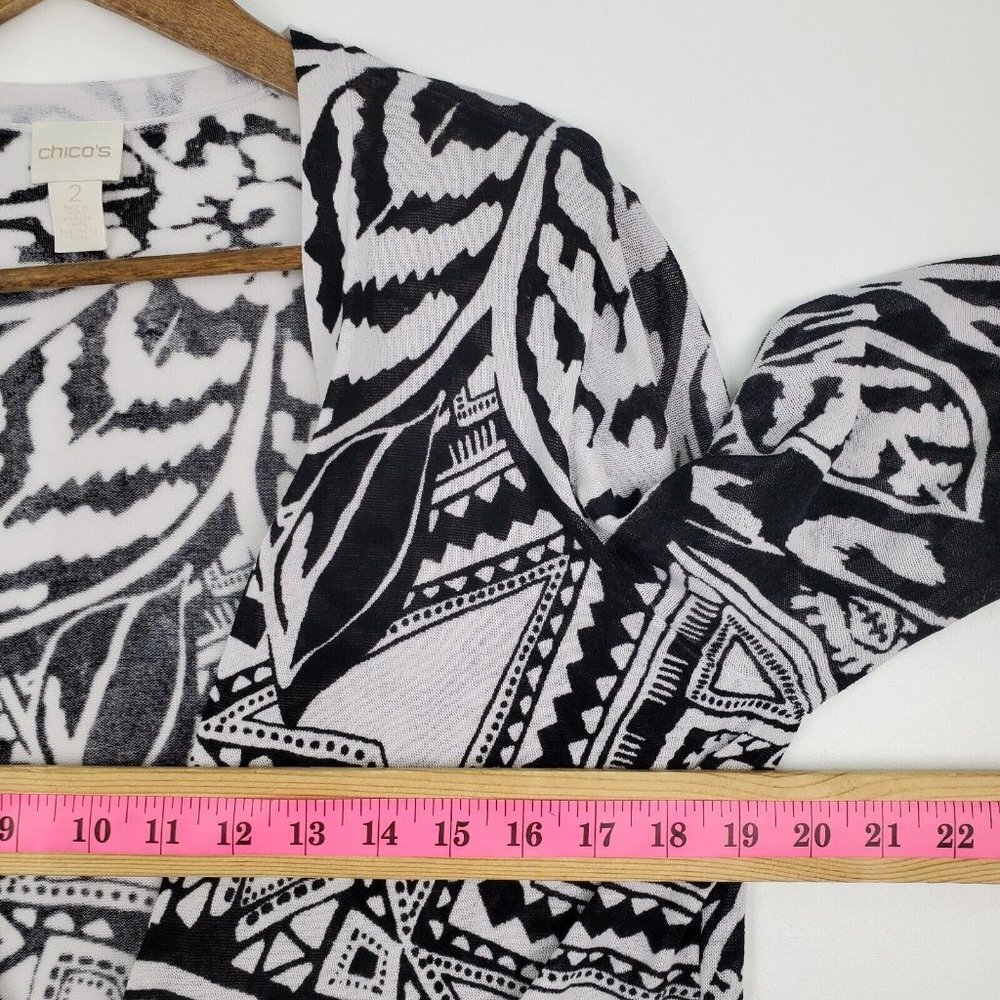 Chico's Womens Black White Open Front Cardigan Sweater Size 2 (L) Ruched Sleeves - Picture 12 of 14